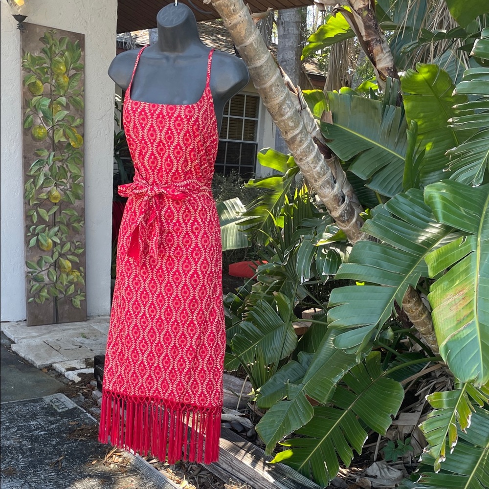 fringe block, print slip style dress